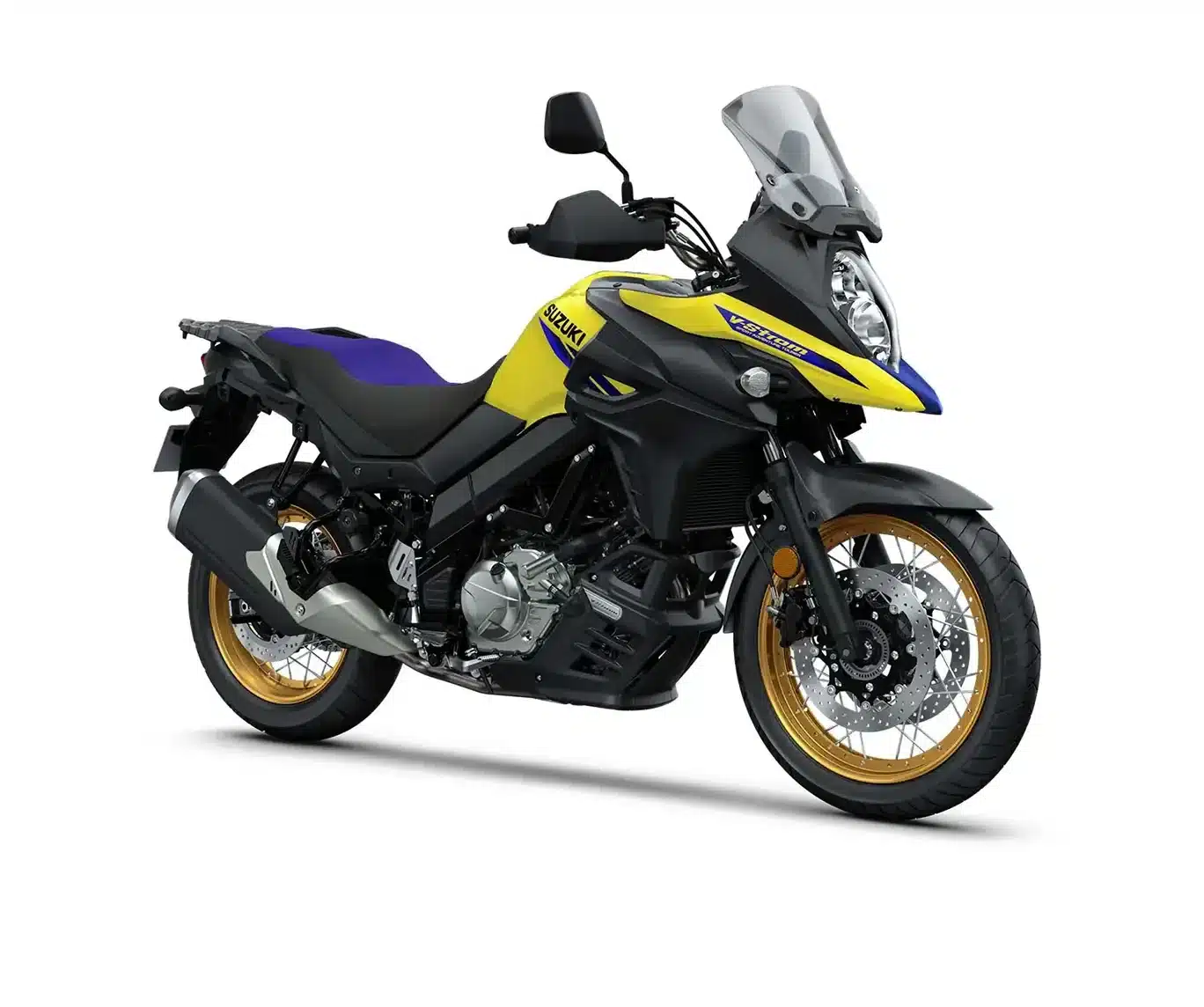 Gelbe Suzuki V-Strom 650XT Touring Edition mit Touring-Ausstattung, Seitenansicht vor weißem Hintergrund.