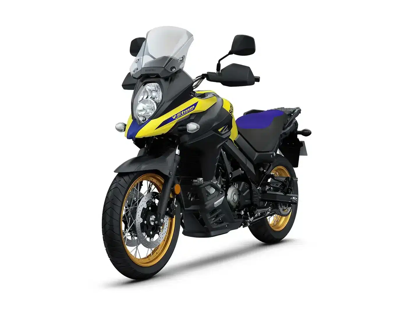 Suzuki V-Strom 650XT Touring Edition in Gelb/Schwarz, Adventure-Motorrad mit Hauptständer, großem Windschild und goldenen Felgen