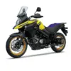 Suzuki V-Strom 650XT Touring Edition Motorrad in Gelb-Schwarz mit goldenen Felgen, seitlich fotografiert.