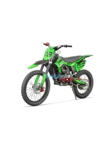 Grüne Tornado BRX V3 250ccm-Motocross-Maschine aufgebockt, Seitenansicht mit Offroad-Bereifung und Upside-Down-Gabel.