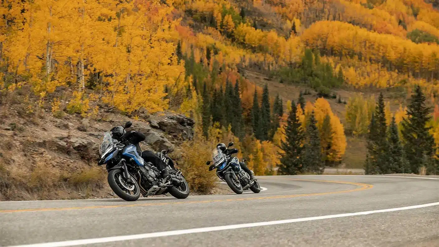Triumph Tiger 1200 Rally Explorer Motorräder in Fahrt auf einer Landstraße vor herbstlicher Kulisse