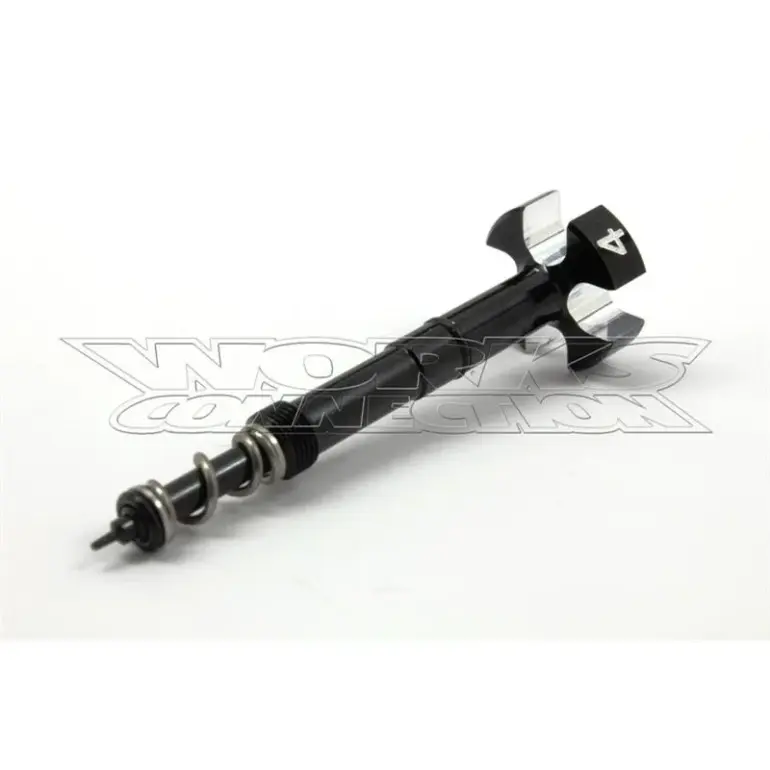 Schwarze Works Connection Gemischregulierschraube für Keihin-Vergaser mit integrierter Feder, auf weißem Hintergrund.