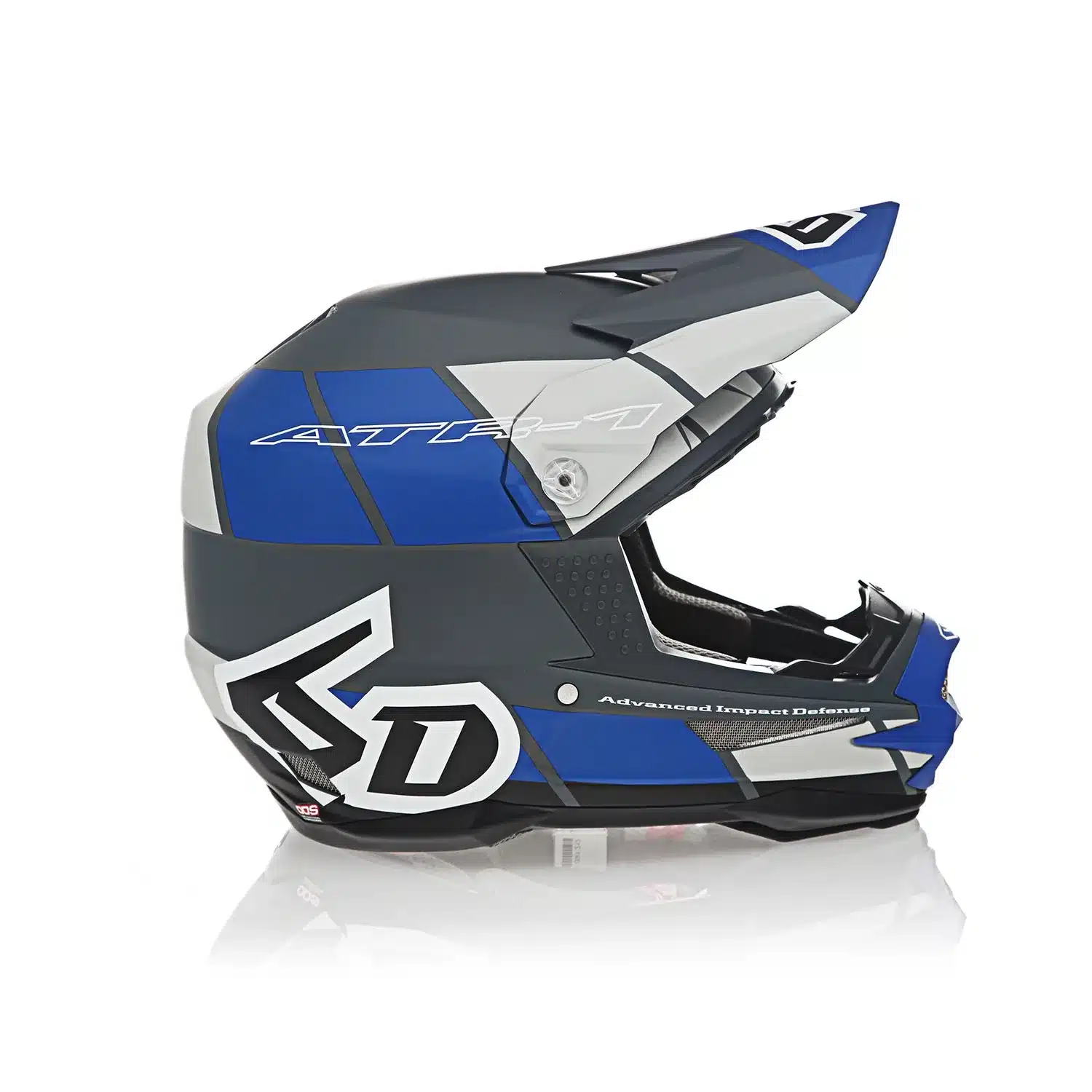 6D ATR-1 Apex Offroad-Helm in seitlicher Ansicht, blau-grau mit weißem Logo