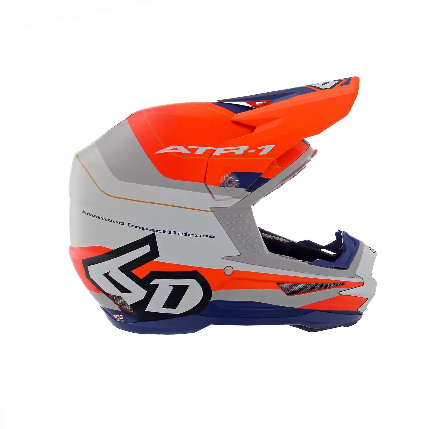 Seitenansicht des 6D ATR-1 Apex Offroad-Motorradhelms mit orange-blau-grauer Lackierung