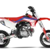 Seitenansicht eines RXF 125 Pitbikes mit rotem, blauem und weißem Dekor auf weißem Hintergrund