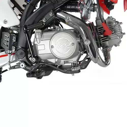 Detailaufnahme des 125-ccm-Viertaktmotors der Apollo AM Thunder 125 mit Rahmen und Schaltung