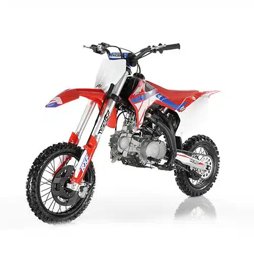 Apollo AM Thunder 125 Pitbike mit grobstolligen Reifen und rotem Rahmen, seitliche Ansicht, Offroad-Modell.