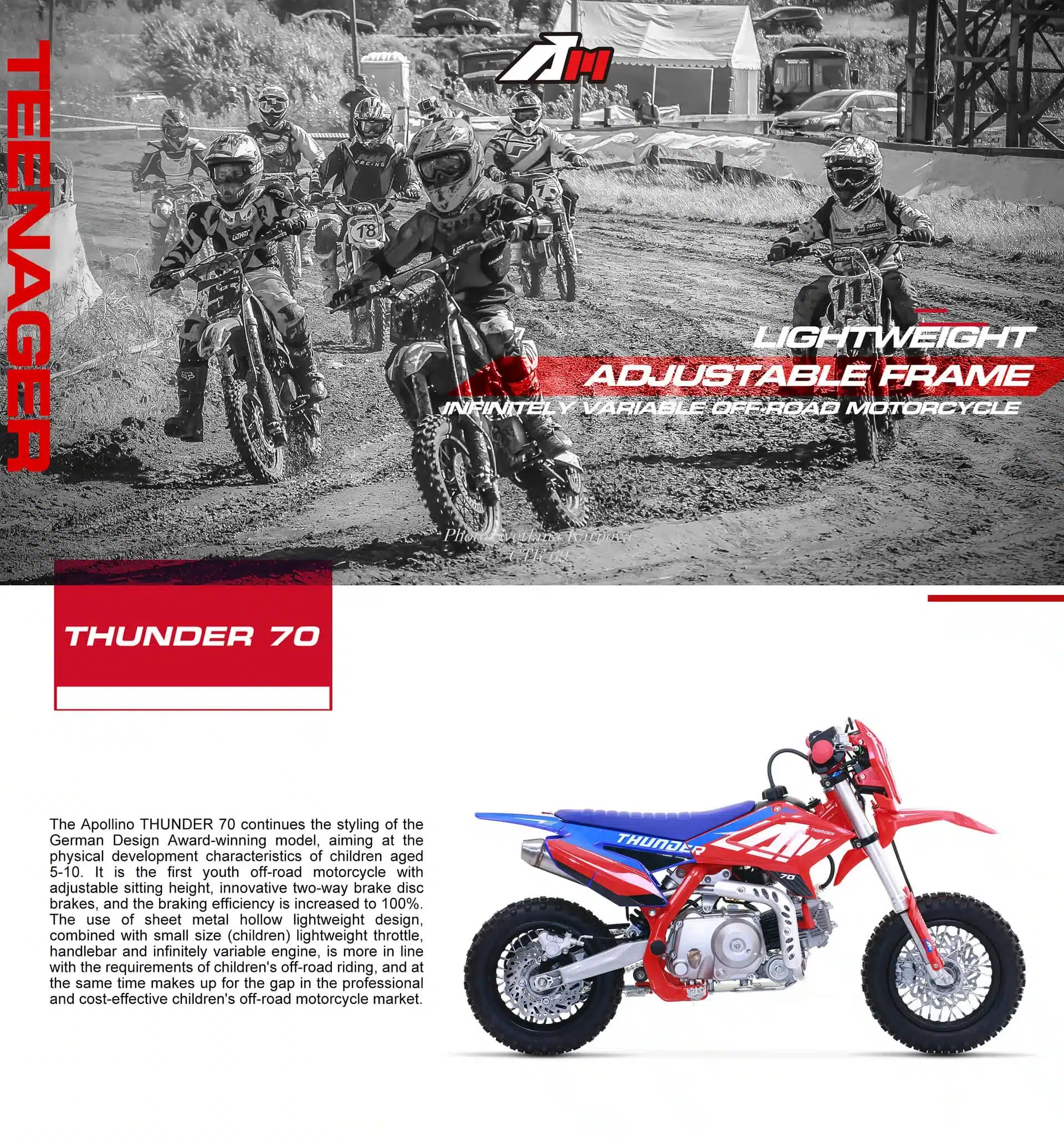 Seitliche Ansicht des Apollo AM Thunder 70 Dirtbikes, leichtes Offroad-Motorrad mit verstellbarem Rahmen.