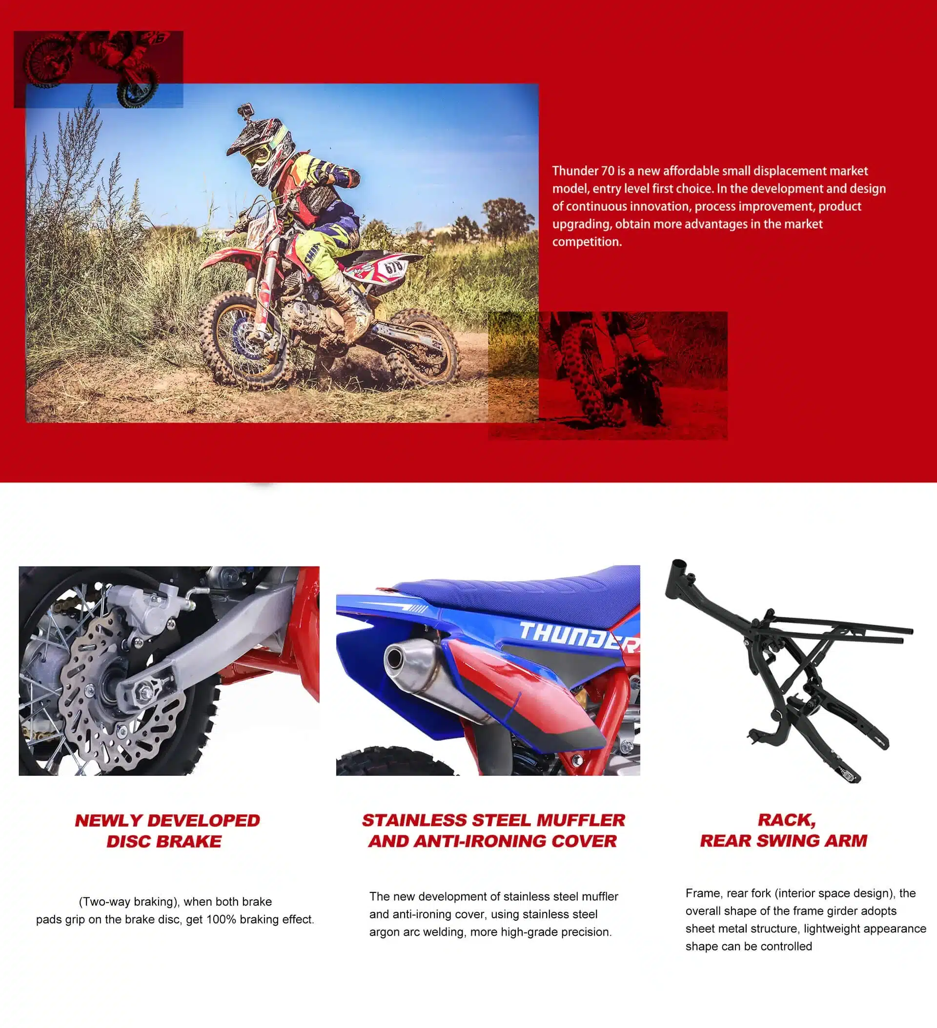 Apollo AM Thunder Dirtbike von der Seite auf einer Geländestrecke sowie Detailaufnahmen von Scheibenbremse, Edelstahl-Auspuff und Rahmen.
