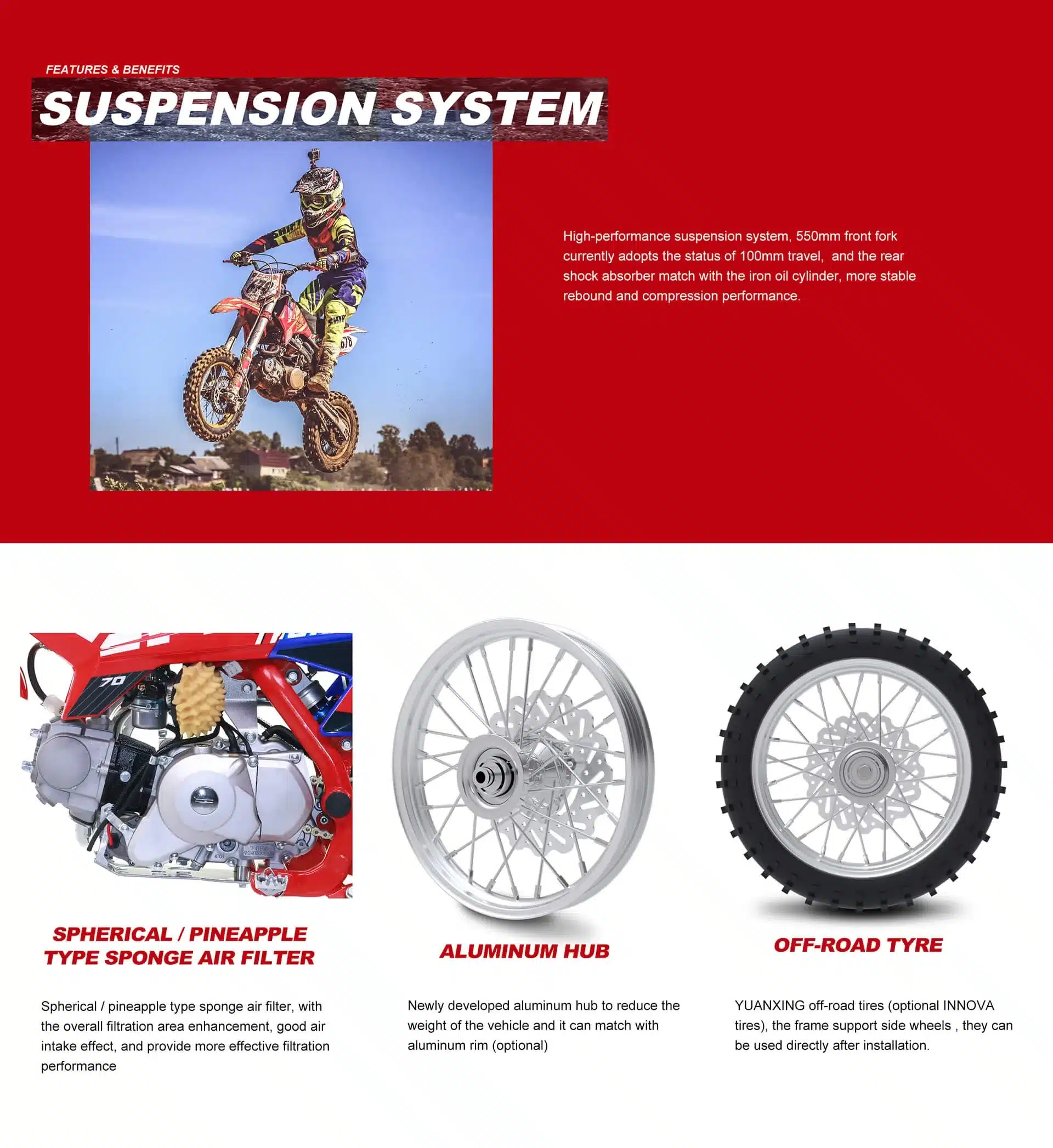 Detailaufnahmen und Fahrszene des Apollo AM Thunder Dirtbike mit Fahrwerk, Alu-Nabe, Luftfilter und Offroad-Reifen