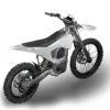 Moderne Bonnell 805 E-Dirtbike in silberner Farbe auf schwarzem Hintergrund, Offroad-Bereifung, Aluminumrahmen und sportliches Design sichtbar