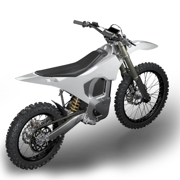 Moderne Bonnell 805 E-Dirtbike in silberner Farbe auf schwarzem Hintergrund, Offroad-Bereifung, Aluminumrahmen und sportliches Design sichtbar