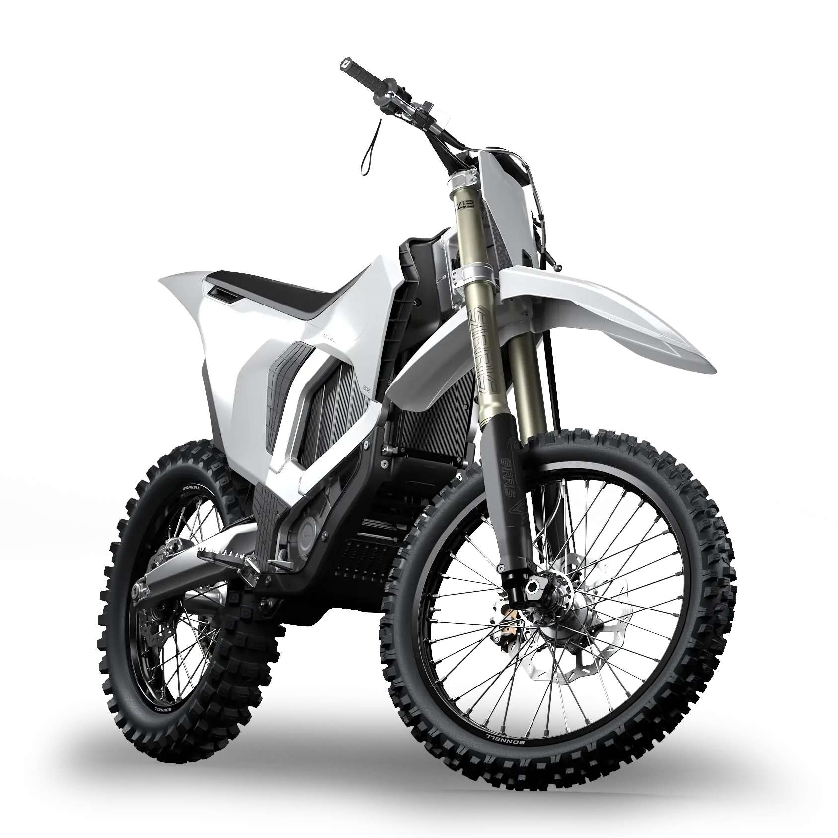 Elektro-Motocross-Motorrad Bonnell 902 in weißer Lackierung vor neutralem Hintergrund