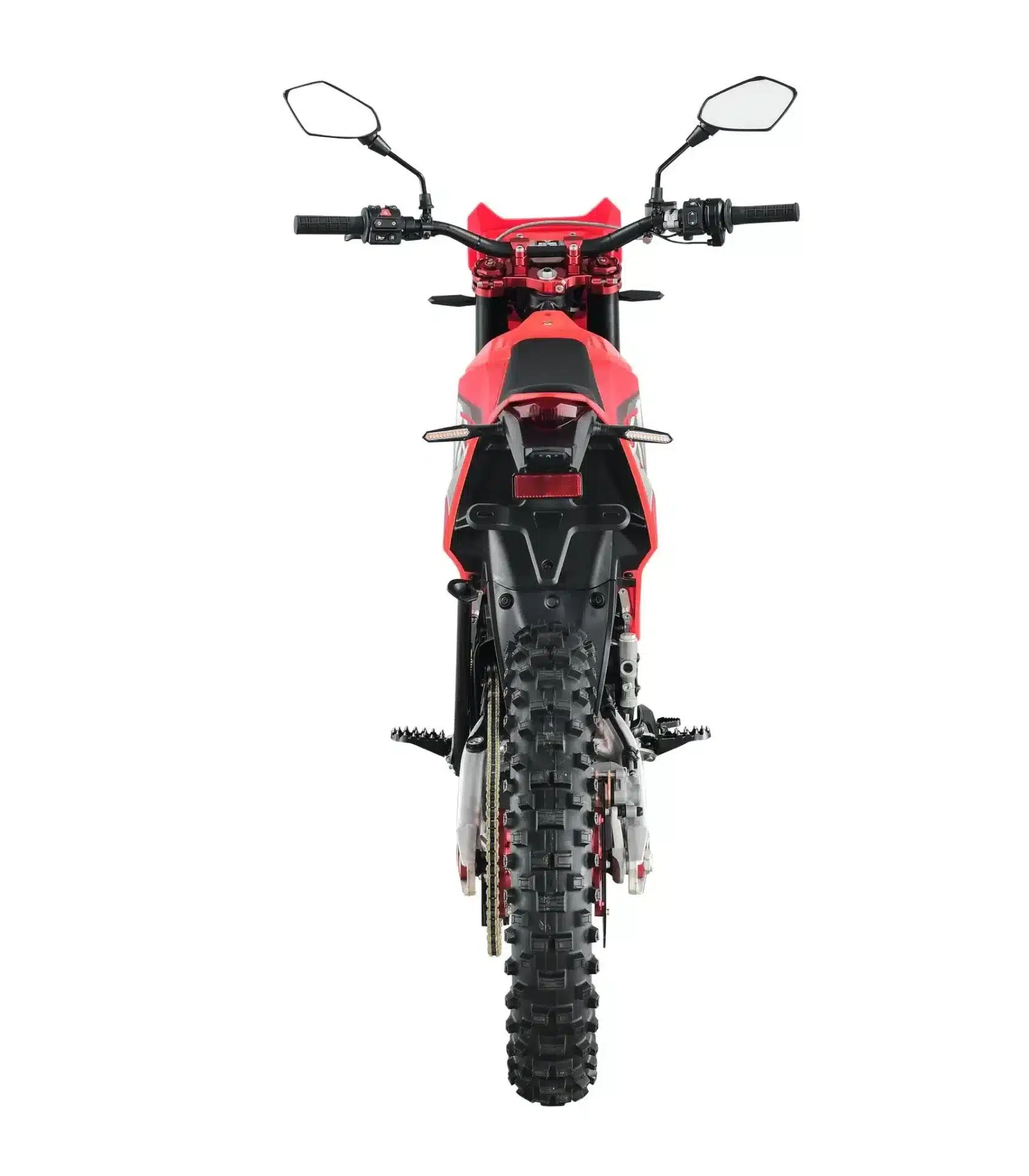Heckansicht der Cheetah E-XE800 Elektro-Enduro mit breitem Stollenreifen und Lenker