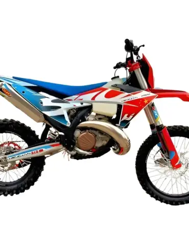 Hengjian S7-Z300 Enduro-Motorrad in Seitenansicht, rote und blaue Verkleidung, Geländeausstattung