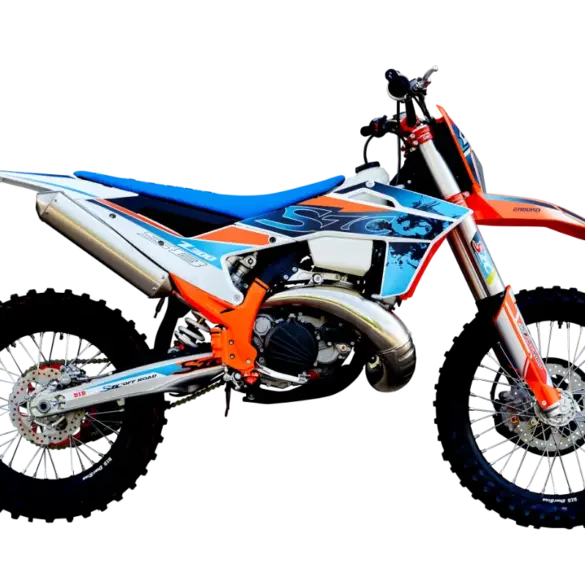 Hengjian S8 Z300 Race Version Offroad-Motorrad in Seitenansicht, sportlich orange-blaues Design