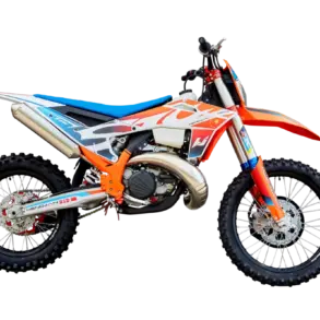 Profilansicht der Hengjian S8-Z330 Race Version, einem leistungsstarken Zweitakt-Hardenduro-Motorrad in Orange, Weiß und Blau.