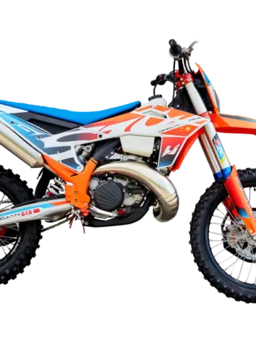 Profilansicht der Hengjian S8-Z330 Race Version, einem leistungsstarken Zweitakt-Hardenduro-Motorrad in Orange, Weiß und Blau.