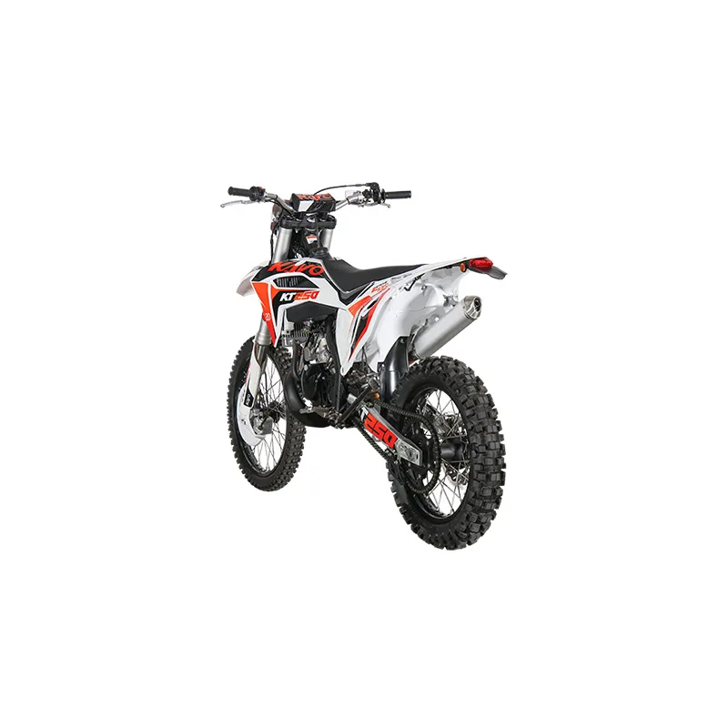 Kayo KT250 Offroad-Motorrad, Heckansicht, weiß-rote Farbgebung, grobstollige Reifen, moderne Enduro-Optik