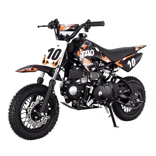 Tao Motor DB10 Mini-Dirtbike für Kinder, schwarz-orange mit Startnummer 10, Seitenansicht.