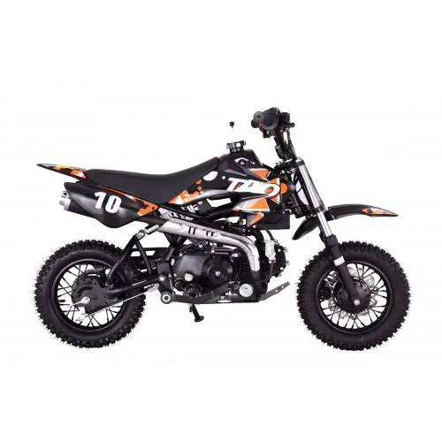 Seitenansicht des Tao Motor DB10 Offroad-Motorrads für Kinder mit schwarzer und oranger Beklebung