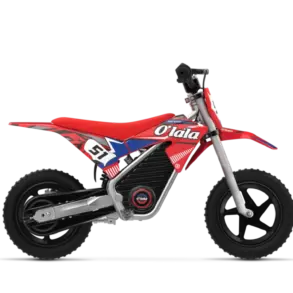 Electric Dirt Bike Olala MX-E150 12inch – seitliche Ansicht des roten Kinder-Elektromotorrads mit vollgefederter Offroad-Ausstattung.