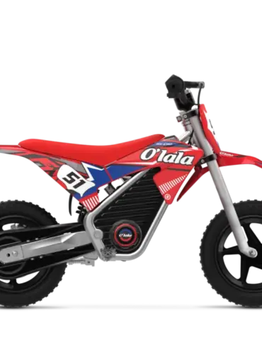 Electric Dirt Bike Olala MX-E150 12inch – seitliche Ansicht des roten Kinder-Elektromotorrads mit vollgefederter Offroad-Ausstattung.