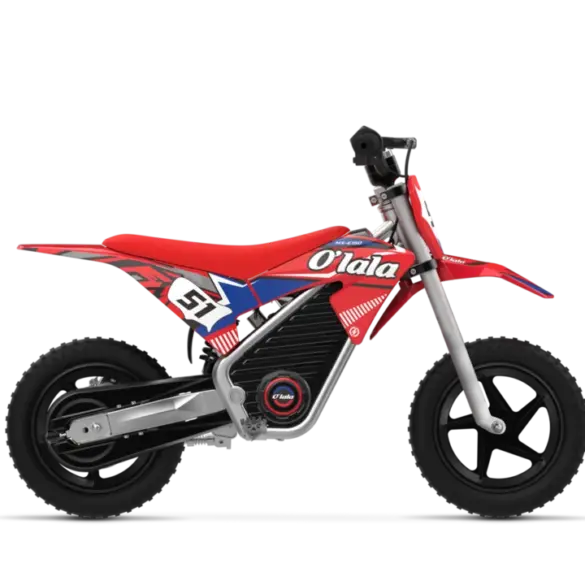 Electric Dirt Bike Olala MX-E150 12inch – seitliche Ansicht des roten Kinder-Elektromotorrads mit vollgefederter Offroad-Ausstattung.