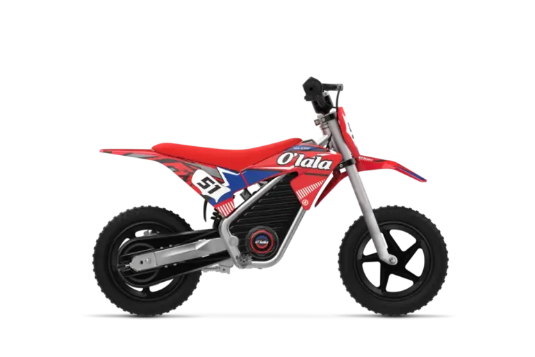 Electric Dirt Bike Olala MX-E150 12inch – seitliche Ansicht des roten Kinder-Elektromotorrads mit vollgefederter Offroad-Ausstattung.