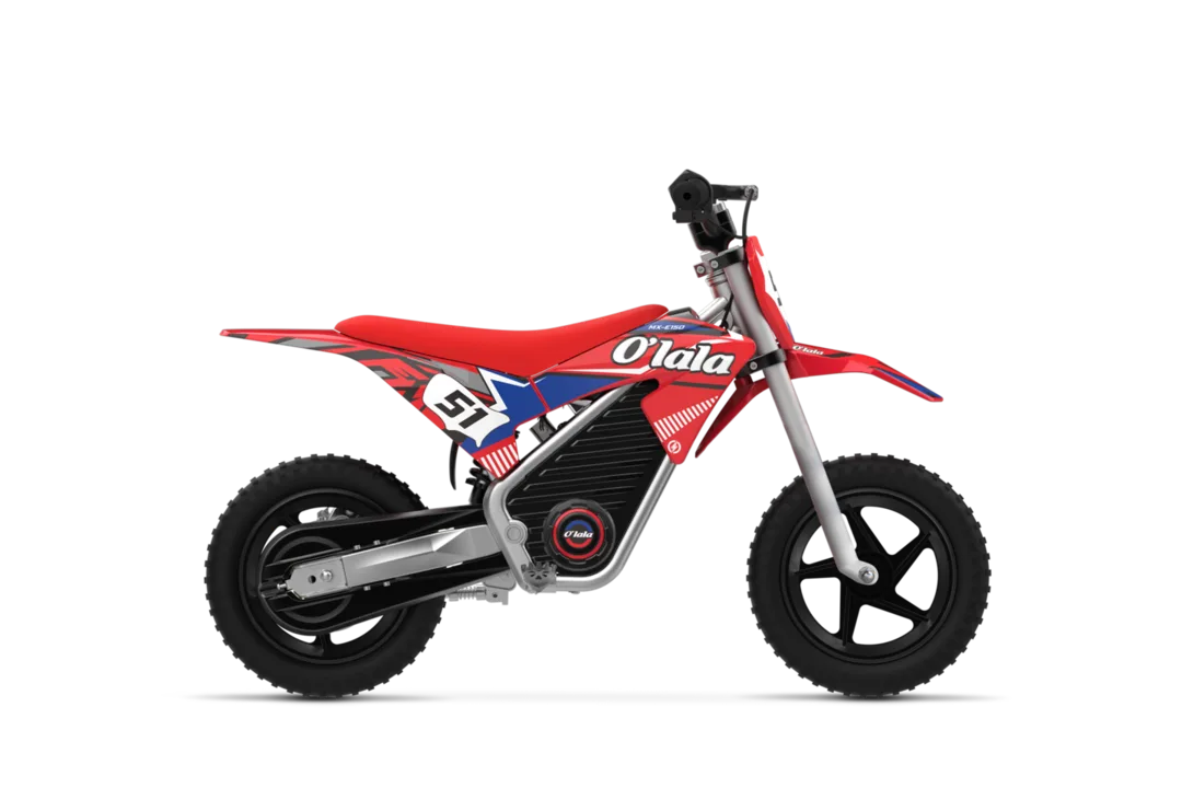 Electric Dirt Bike Olala MX-E150 12inch – seitliche Ansicht des roten Kinder-Elektromotorrads mit vollgefederter Offroad-Ausstattung.