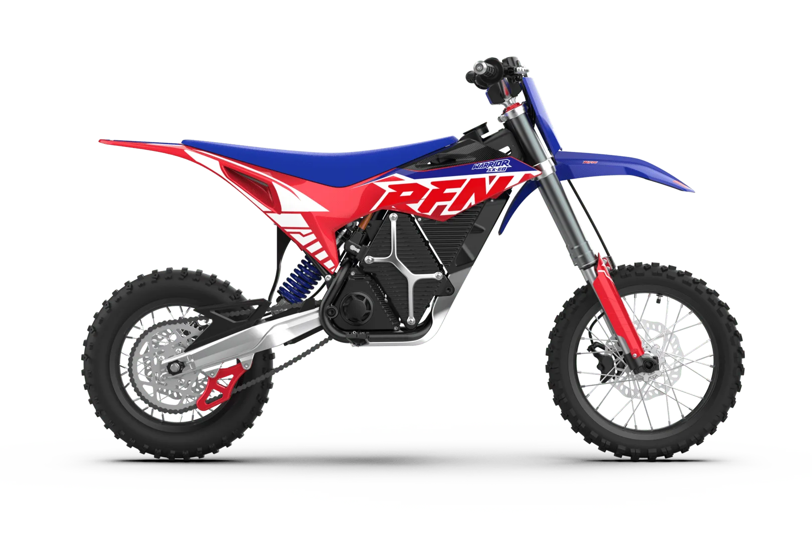 RFN Warrior SX-E8 elektrisches Dirt Bike für Kinder, Seitenansicht, sportliches Design in Rot-Blau