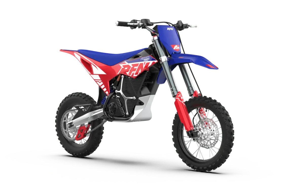 Elektrisches Dirt Bike RFN Warrior SX-E8 in Blau-Rot, ideal für Nachwuchs im Offroad-Bereich