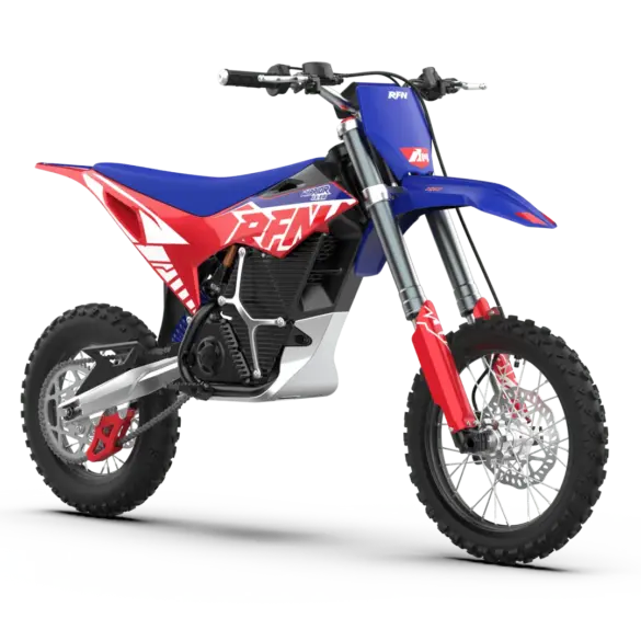 Elektrisches Dirt Bike RFN Warrior SX-E8 in Blau-Rot, ideal für Nachwuchs im Offroad-Bereich