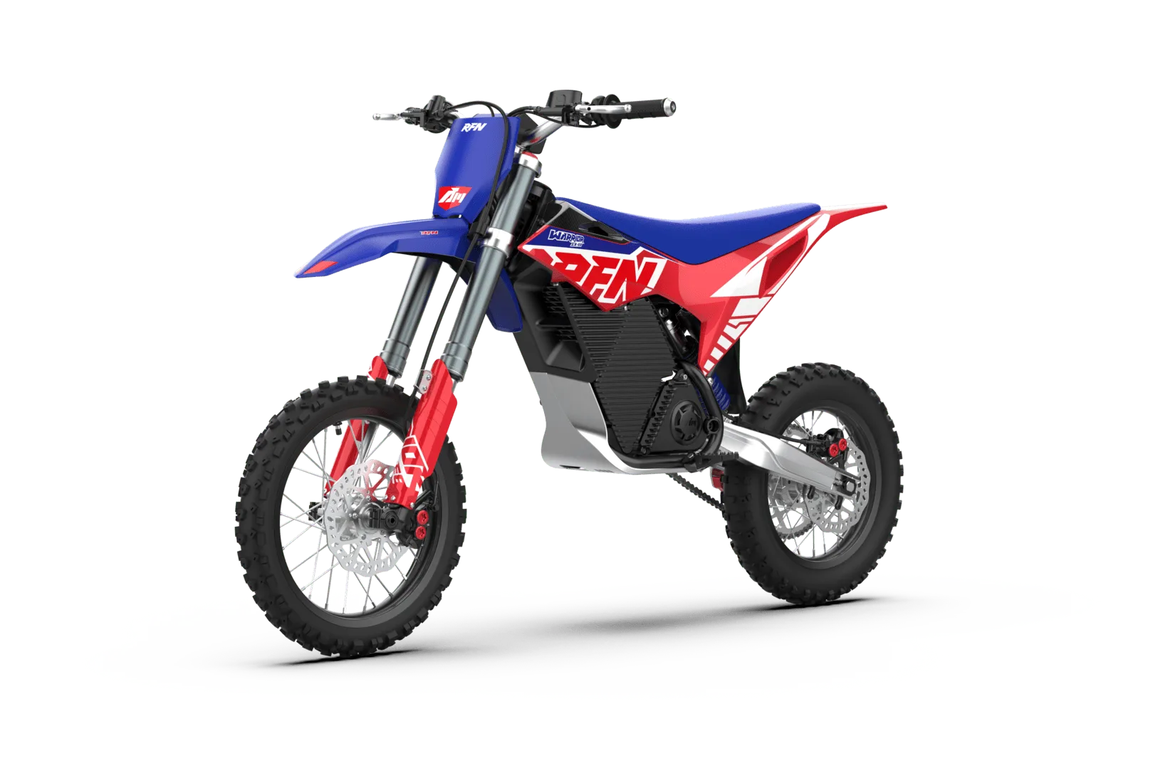 Elektrisches Kinder-Offroad-Bike RFN Warrior SX-E8 in rot-blauer Lackierung, Seitenansicht vor weißem Hintergrund