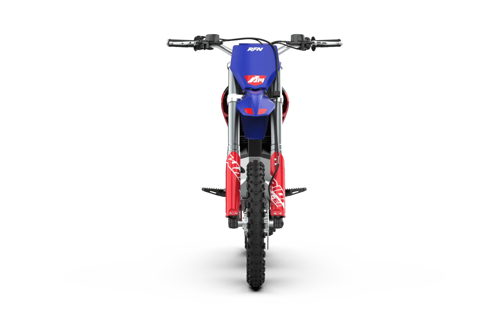 Elektrisches Dirt Bike RFN Warrior SX-E8 von vorne mit blauer Verkleidung und roten Elementen