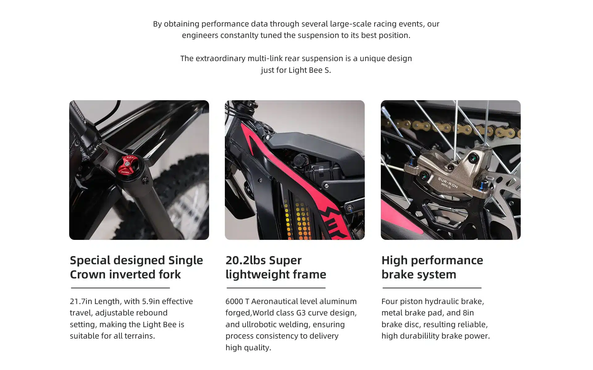 Detailaufnahmen von Rahmen, Gabel und Bremsen der Sur-Ron Light Bee S, einem leichten Elektro-Offroadbike für Jugendliche
