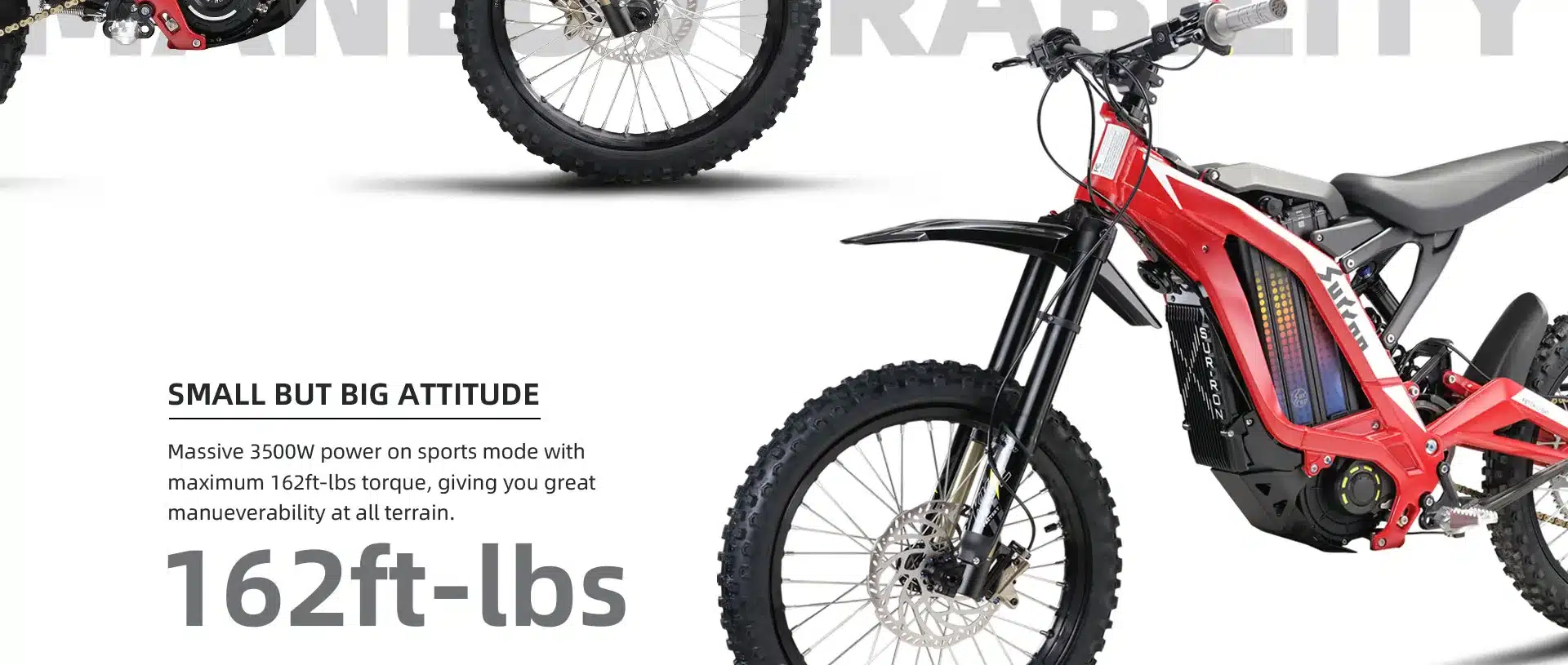 Sur-Ron Light Bee S Elektro-Offroadbike mit hochgezogenem Schutzblech und grobstolligen Reifen