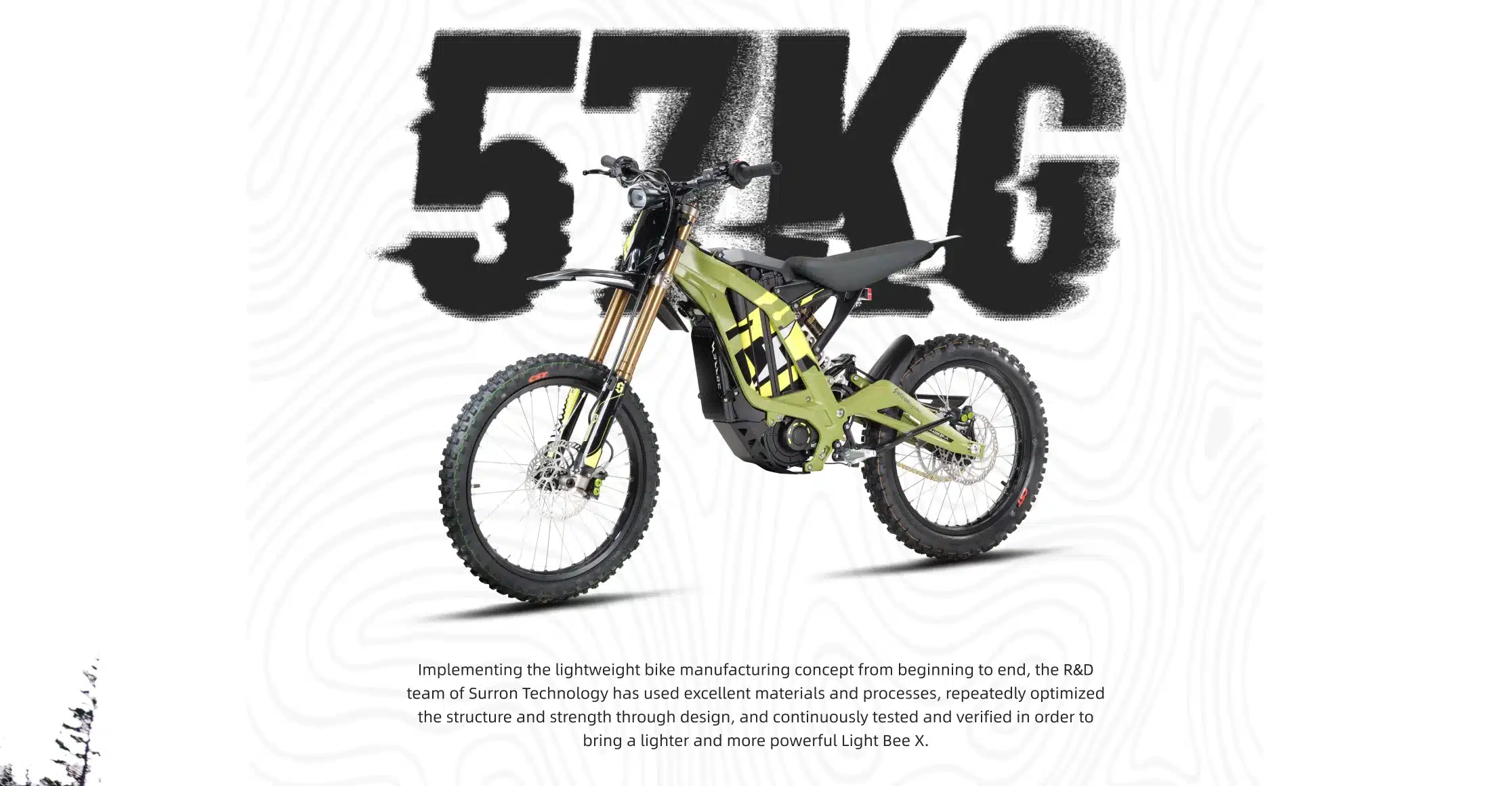 Sur-Ron Light Bee X Elektro-Motorrad, seitliche Ansicht vor dem Schriftzug 57KG