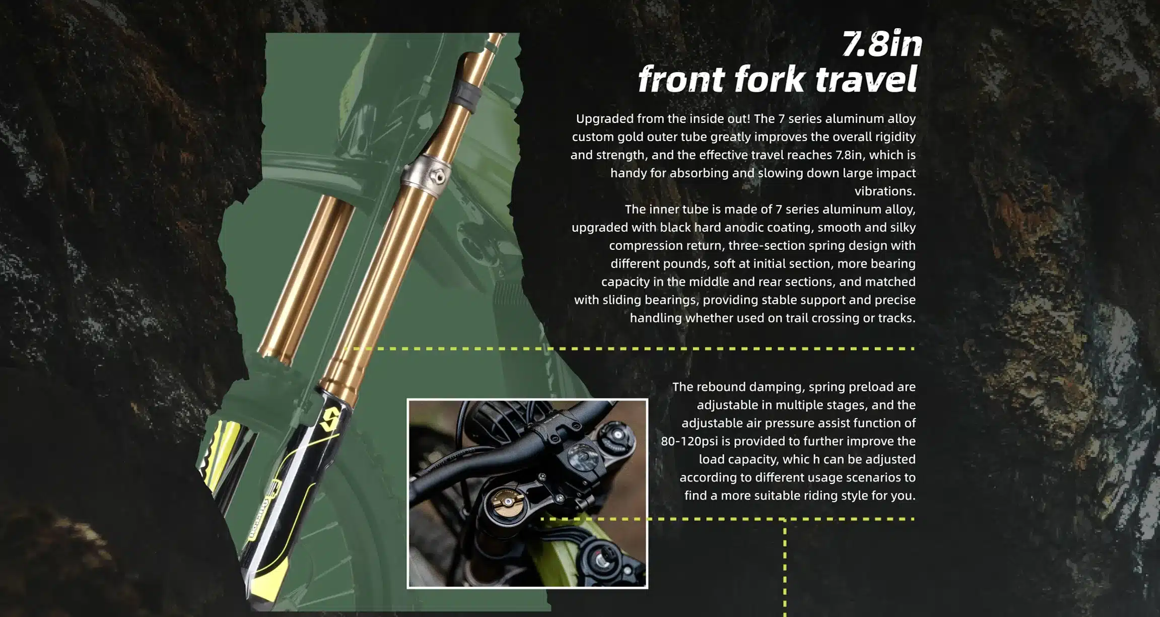 Goldene Vordergabel mit Federweg der Sur-Ron Light Bee X im Detail