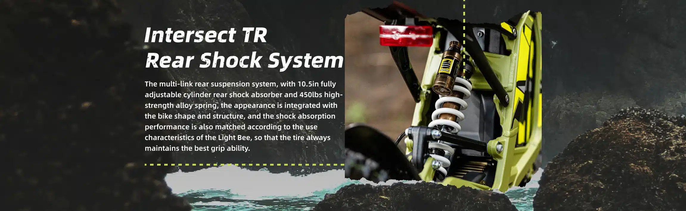 Detailfoto des voll einstellbaren Hinterrad-Stoßdämpfersystems der Sur-Ron Light Bee X.