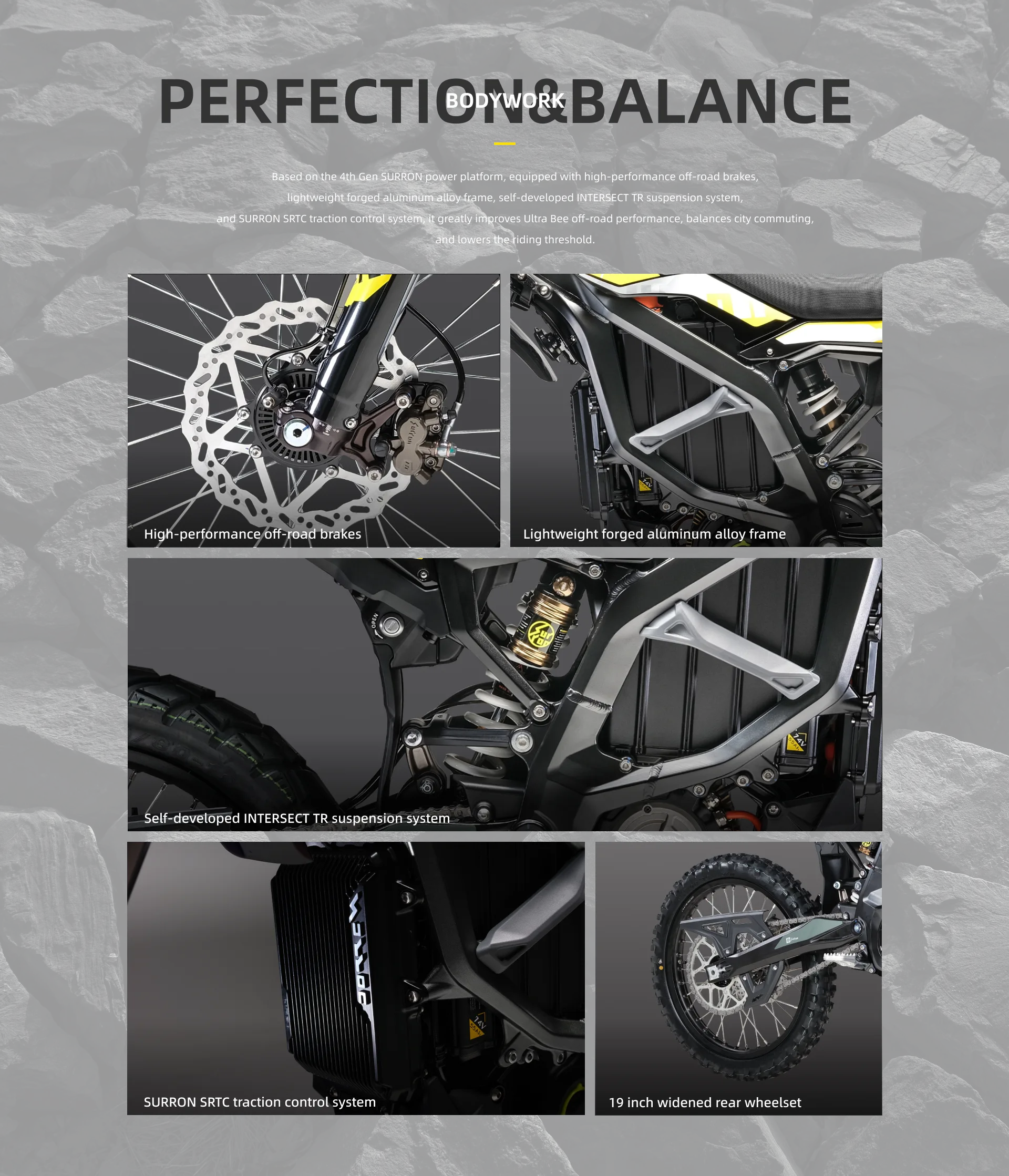 Nahaufnahmen technischer Details der Sur-Ron Ultra Bee C 2025, darunter Offroad-Bremssystem, leichter Aluminiumrahmen, INTERSECT TR Fahrwerk, SRTC Traktionskontrollsystem und 19-Zoll-Hinterrad
