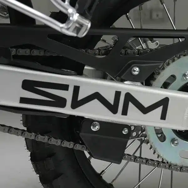 Detailfoto der Hinterradschwinge und des Kettenrads einer SWM RS 125 R mit SWM-Schriftzug.