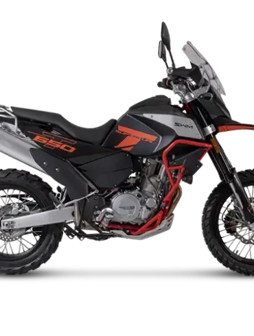 SWM Superdual T Motorrad in seitlicher Ansicht mit Offroad-Bereifung und Touring-Ausstattung.