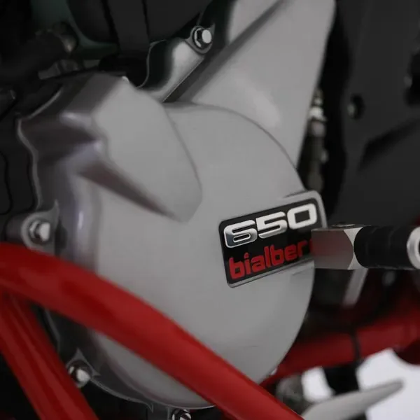 Nahaufnahme des 650er Einzylinder-Motors der SWM Superdual T mit sichtbarem bialbero-Schriftzug