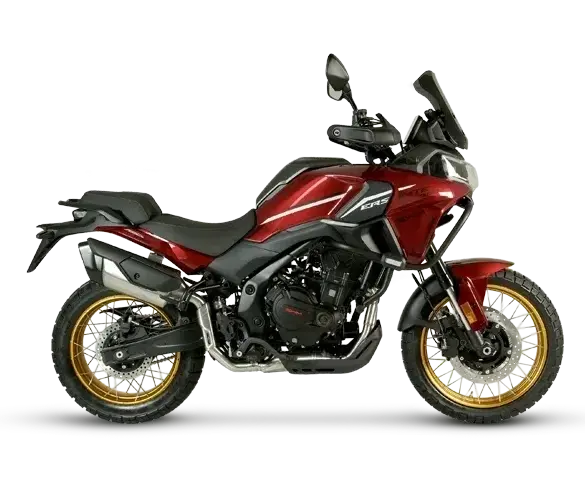 SWM Versante 550 Adventure-Motorrad in Burgundy Red, Seitenansicht, mit goldenen Speichenrädern auf weißem Hintergrund.