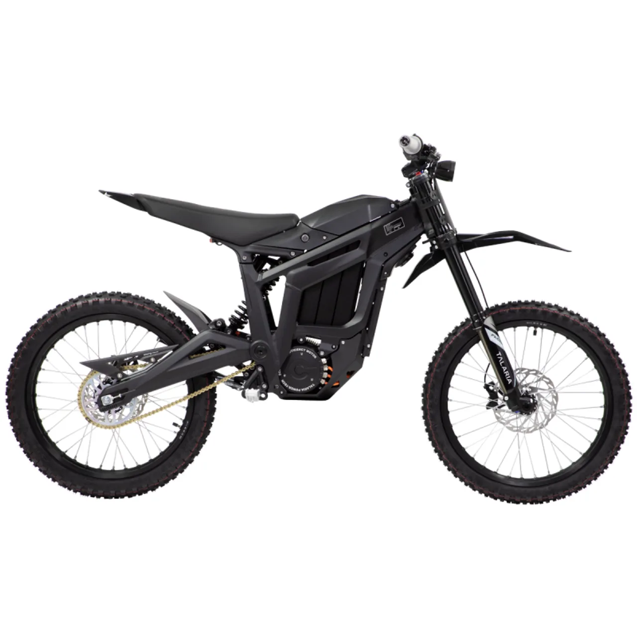 Schwarzes Talaria Sting MX3 E-Motorrad für Offroad-Einsatz, Seitenansicht auf weißem Hintergrund.