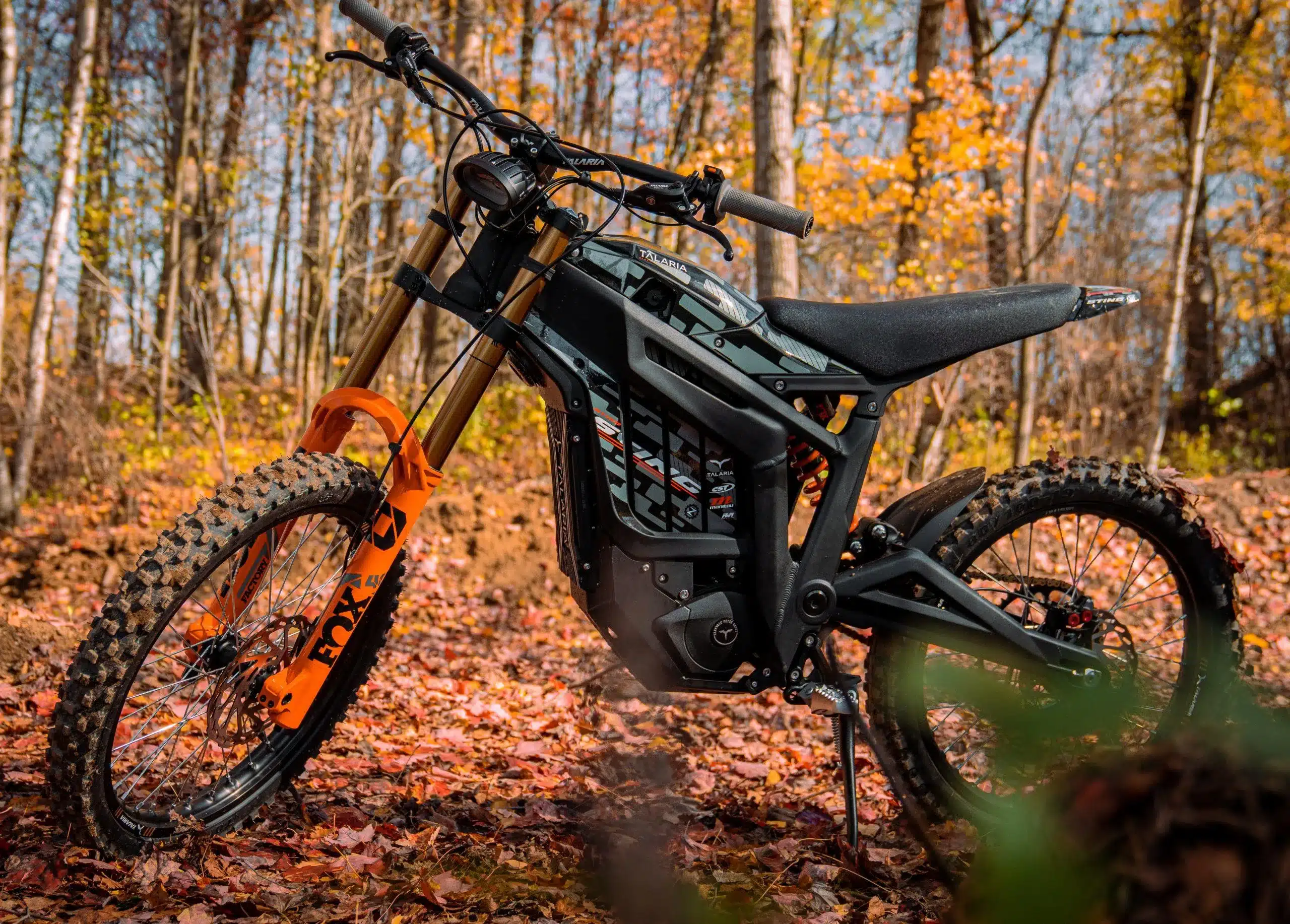 Schwarzes Talaria Sting MX3 Elektro-Motorrad steht auf Laub im Wald