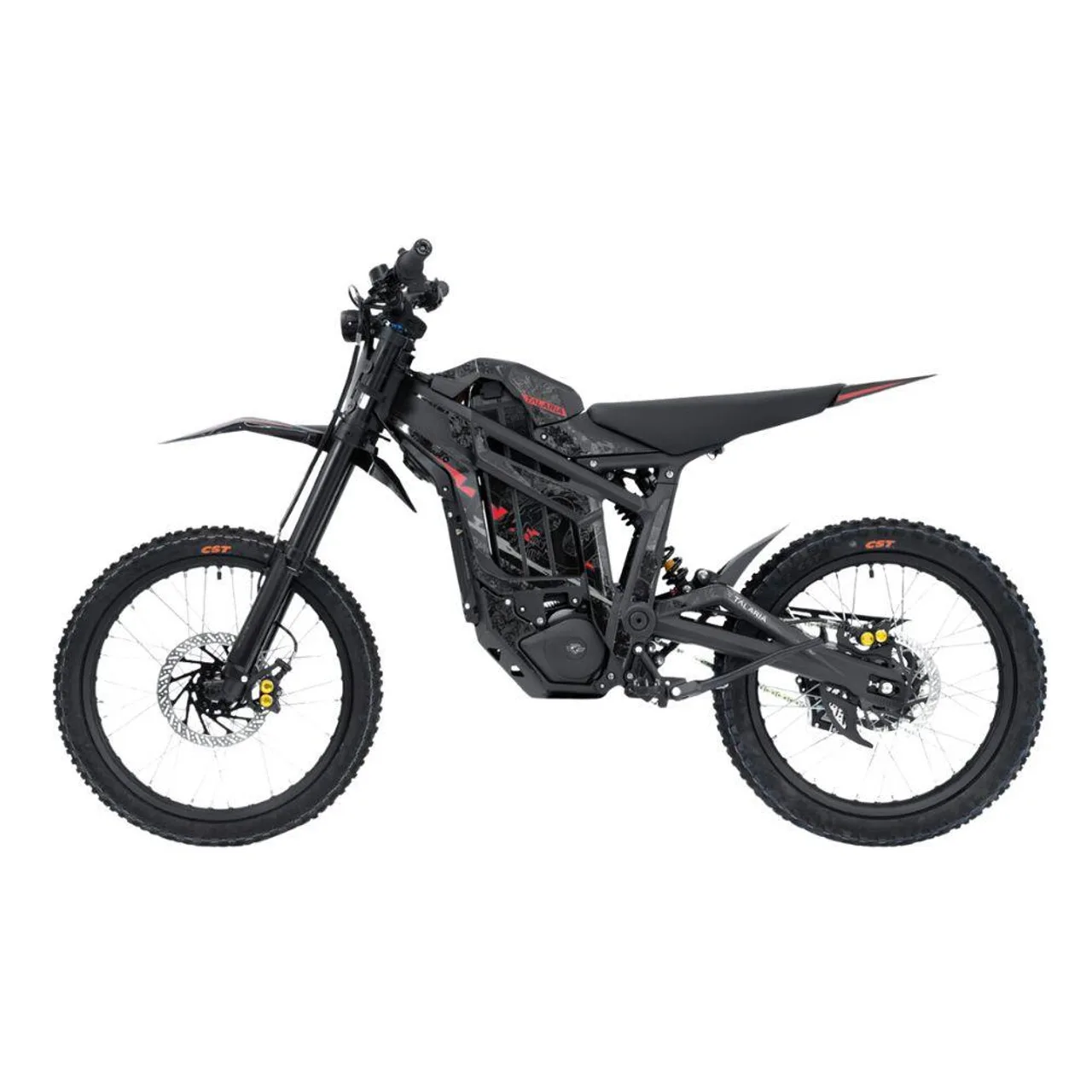 Talaria Sting MX5 Pro in schwarzer Ausführung, seitlich fotografiert, Offroad-Elektrobike mit grobstolligen Reifen.