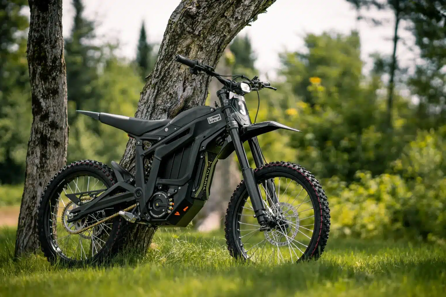 Talaria Sting R MX4 Elektromotorrad steht im Gras an einem Baum, geeignet für Enduro und Motocross.