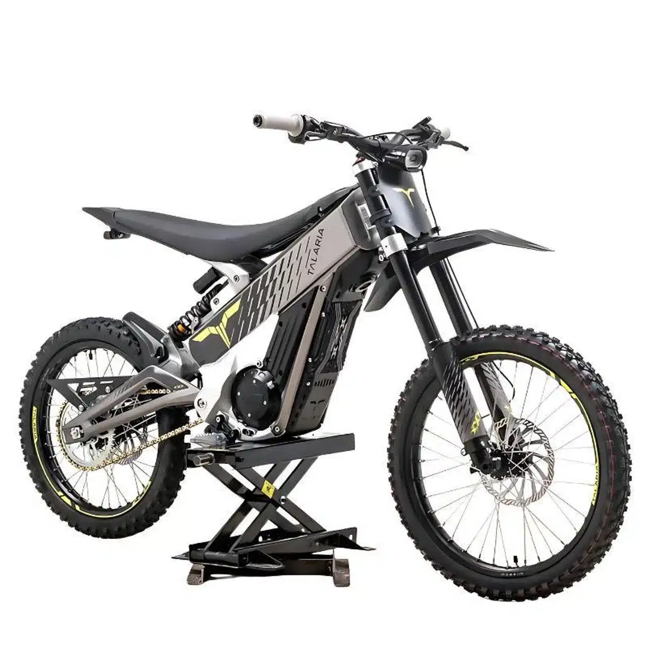 Talaria X3 Concept Electric Dirt Bike 2024 in Grau, stehend auf einem Montageständer.